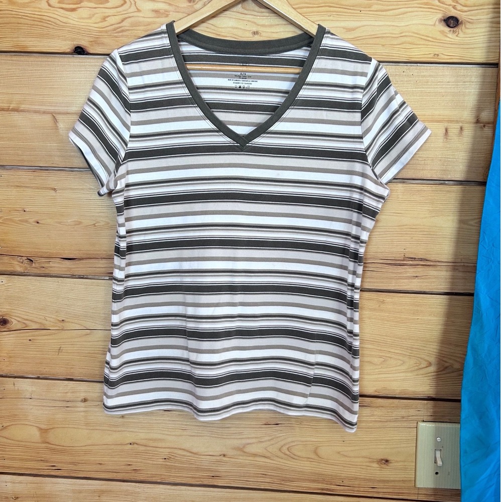Striped V-Neck T-Shirt Womens Extra Large Olive Tan‎ Pima Cotton Denver Hayes
